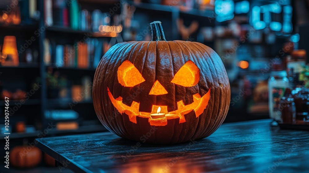Glowing Halloween Pumpkin with Spooky Face on Table Glowing Halloween Pumpkin with Spooky Face on Table