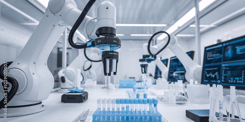 Close-up of a robotic arm inside a medical laboratory, performing precise movements to handle test samples, with colorful liquids in test tubes and advanced screens displaying data. Close-up of a robotic arm inside a medical laboratory, performing precise movements to handle test samples, with colorful liquids in test tubes and advanced screens displaying data.