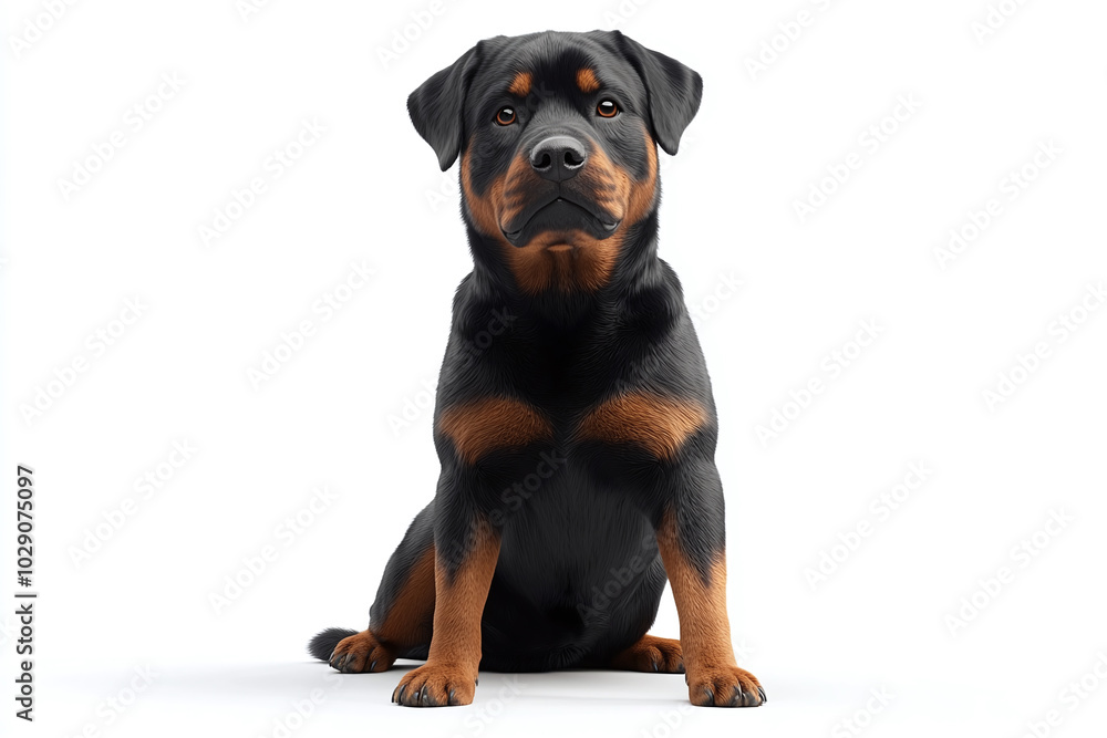 Cute Rottweiler: A Rottweiler sitting with a strong, confident look against a white background Cute Rottweiler: A Rottweiler sitting with a strong, confident look against a white background