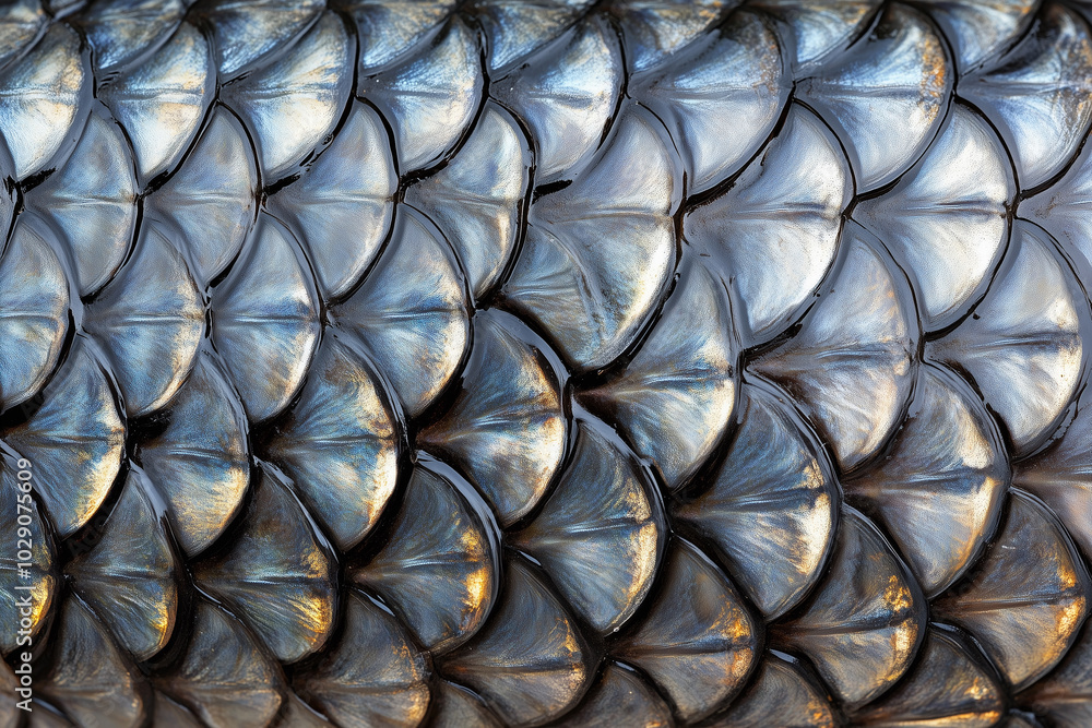 Close-up of fish scales with a shiny, metallic appearance, showing intricate patterns and textures. Close-up of fish scales with a shiny, metallic appearance, showing intricate patterns and textures.
