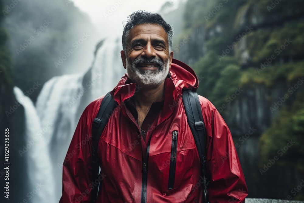Portrait of a joyful indian man in his 50s wearing a functional windbreaker while standing against backdrop of a spectacular waterfall Portrait of a joyful indian man in his 50s wearing a functional windbreaker while standing against backdrop of a spectacular waterfall