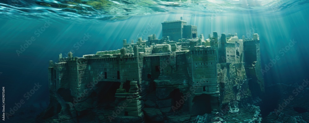 Ancient submerged citadel hidden in the abyss, 4K hyperrealistic photo Ancient submerged citadel hidden in the abyss, 4K hyperrealistic photo