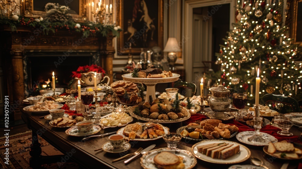 A festive and opulent holiday feast displayed on a grand wooden table adorned with elegant tableware, surrounded by lavish Christmas decorations and a beautifully lit Christmas tree A festive and opulent holiday feast displayed on a grand wooden table adorned with elegant tableware, surrounded by lavish Christmas decorations and a beautifully lit Christmas tree