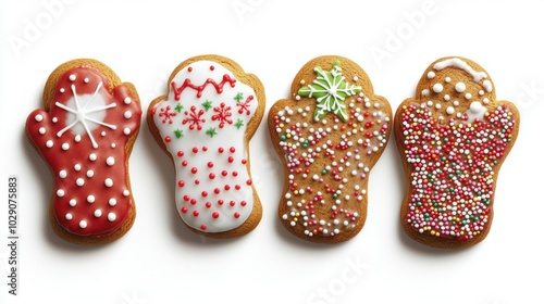 Holiday gingerbread cookies shaped like mittens and stars, decorated with festive icing and sprinkles, isolated on white background