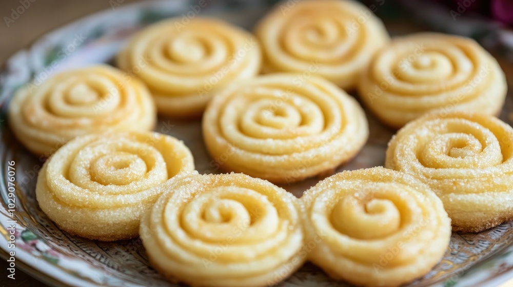 Spiral-shaped rice flour snacks arranged in concentric circles on a plate, creating a visually appealing pattern. Spiral-shaped rice flour snacks arranged in concentric circles on a plate, creating a visually appealing pattern.