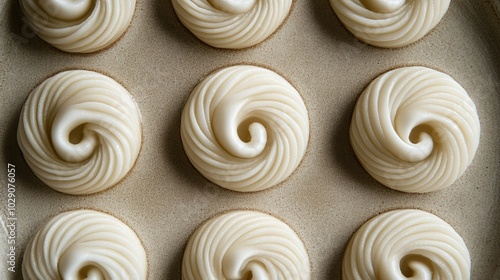 Spiral-shaped rice flour snacks arranged in concentric circles on a plate, creating a visually appealing pattern.