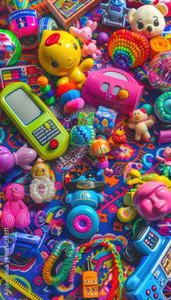 Nostalgic 90s Toys on Vibrant Carpet for Retro Design and Decor Inspiration Nostalgic 90s Toys on Vibrant Carpet for Retro Design and Decor Inspiration