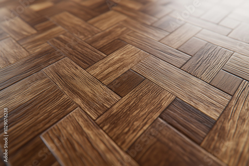 wooden parquet floor with a herringbone pattern. The rich brown tones and textures of the wood create a luxury and elegant atmosphere photo