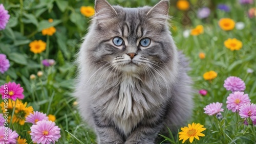 Blue siberian cat in flower field