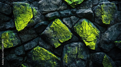 Stone wall with vibrant neon green veins glowing through the cracks, creating an intense, otherworldly atmosphere photo