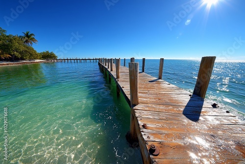 Aged wooden pier jutting out into the ocean, with weathered planks and rusty nails exposed to years of salt and wind, creating a scene of rustic charm by the water photo