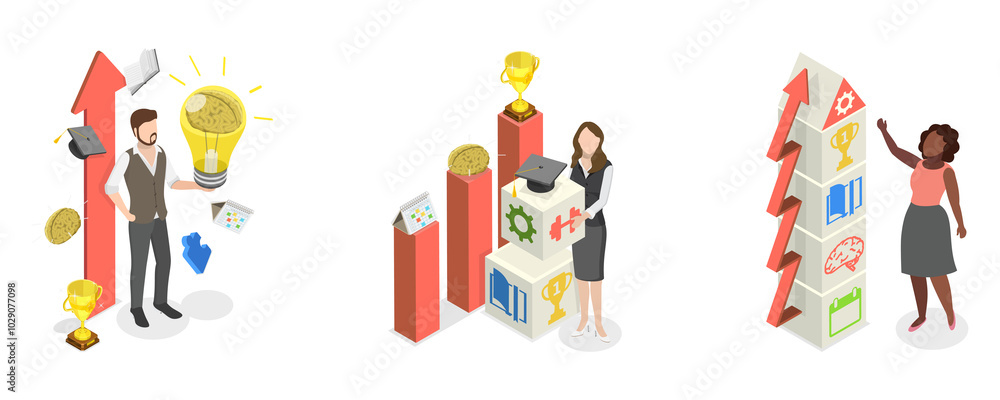 3D Isometric Flat Illustration of Personal Growth, Development of Self-improvement Through Introspection, Reflection, and Education 3D Isometric Flat Illustration of Personal Growth, Development of Self-improvement Through Introspection, Reflection, and Education
