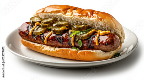 Mouthwatering bratwurst sausage in bun topped with mustard and pickles, served on plate. This delicious dish is perfect for barbecues and gatherings, evoking sense of comfort and satisfaction