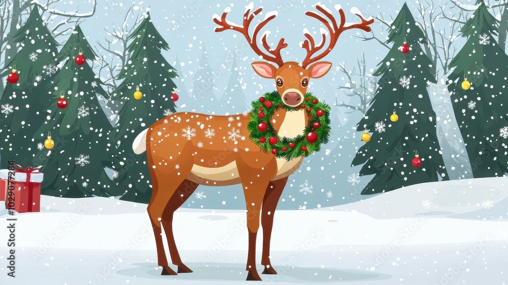 Fototapeta premium Reindeer with Christmas wreath around neck, holiday snow scene, flat design illustration