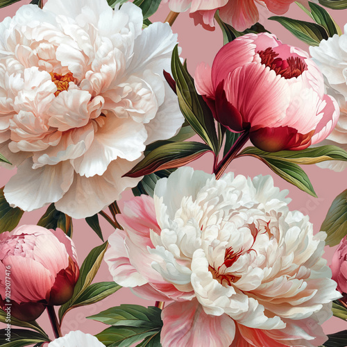 Seamless vector pattern with white and pink peony flowers isolated on a changeable background.