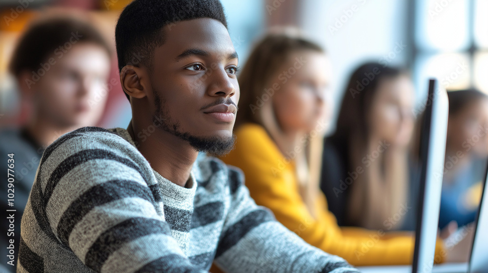 Obraz premium Focused African American Male Student in a Diverse Classroom Setting