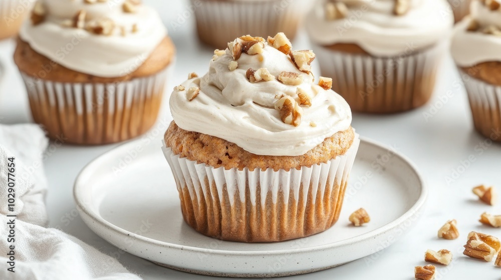 Tempting vegan carrot muffins garnished with crunchy nuts and creamy frosting, set against a white plate, capturing the joy of healthy baking. Tempting vegan carrot muffins garnished with crunchy nuts and creamy frosting, set against a white plate, capturing the joy of healthy baking.