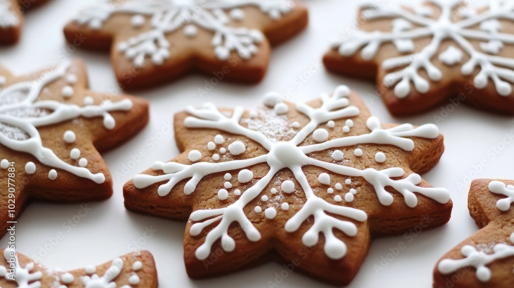 Snowflake-shaped gingerbread cookies with detailed white icing, arranged on white background, festive holiday treats Snowflake-shaped gingerbread cookies with detailed white icing, arranged on white background, festive holiday treats