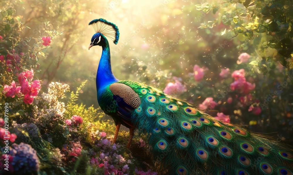 Obraz premium Peacock in a flower garden.