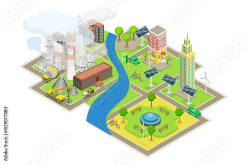 3D Isometric Flat Illustration of Sustainability Vs Pollution, Climate Change Awareness