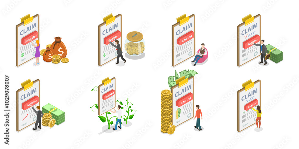 3D Isometric Flat Set of Compensation Scenes, Service Request 3D Isometric Flat Set of Compensation Scenes, Service Request