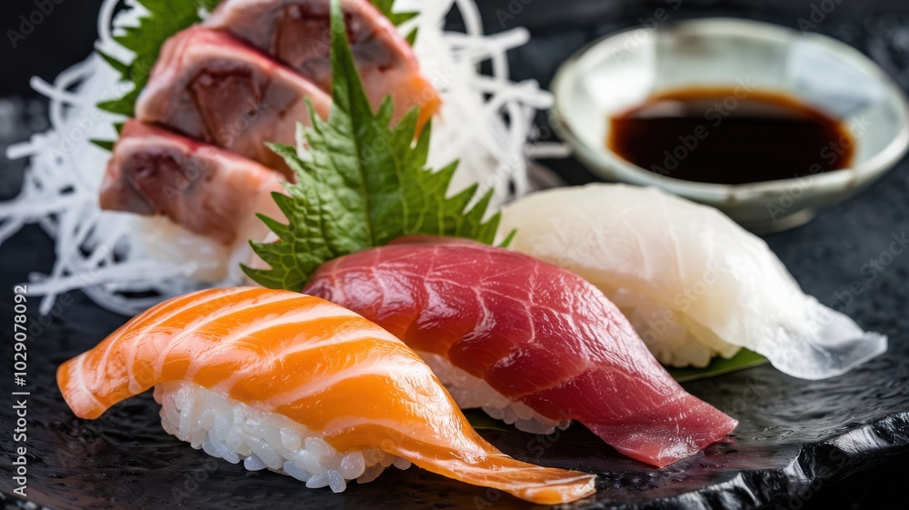 Assorted sushi platter with fresh fish and garnishes, black background. Assorted sushi platter with fresh fish and garnishes, black background.