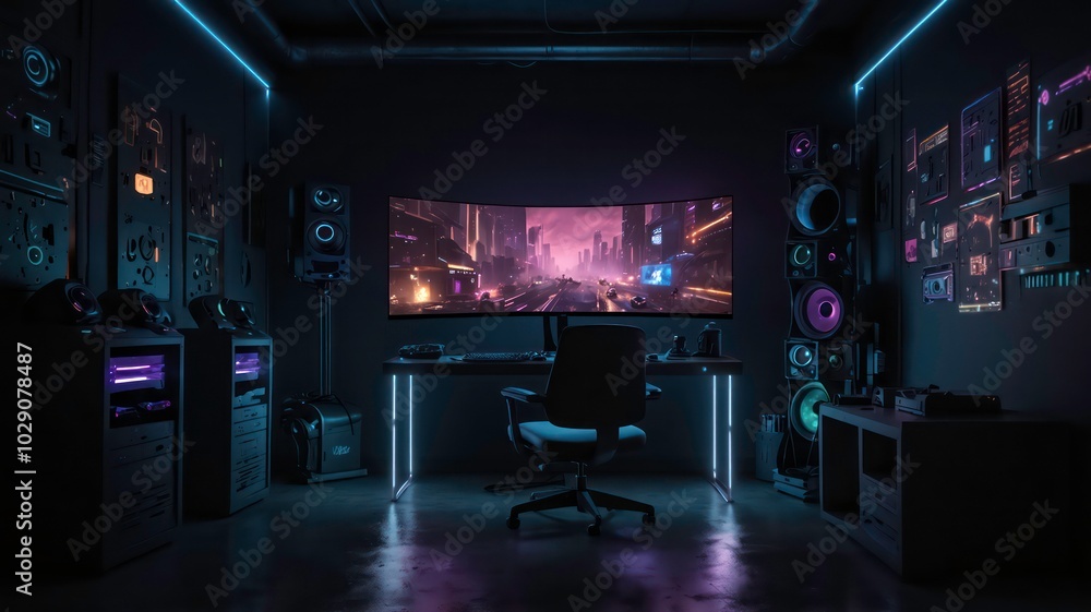 a sleek gaming PC hums beside a luminescent gaming chair and vibrant neon lights a sleek gaming PC hums beside a luminescent gaming chair and vibrant neon lights