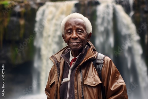 Portrait of a blissful afro-american elderly 100 years old man wearing a trendy bomber jacket isolated on backdrop of a spectacular waterfall