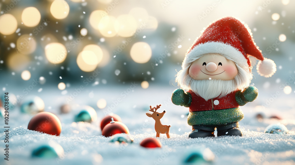cheerful gnome in red hat stands in snowy yard surrounded by colorful ornaments and small reindeer. festive atmosphere brings joy and warmth to winter scene cheerful gnome in red hat stands in snowy yard surrounded by colorful ornaments and small reindeer. festive atmosphere brings joy and warmth to winter scene