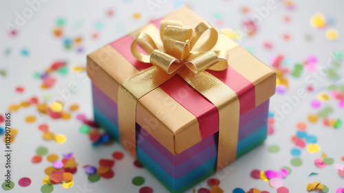 Colorful Rainbow Gift Box with Golden Bow and Confetti 