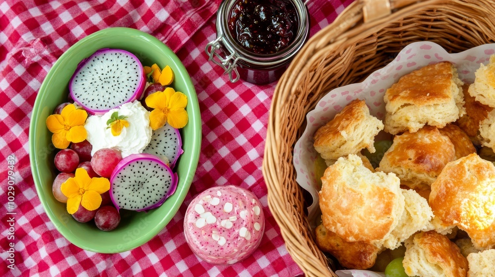 A picnic basket with fruit, biscuits, and jam on a red and white checkered tablecloth.