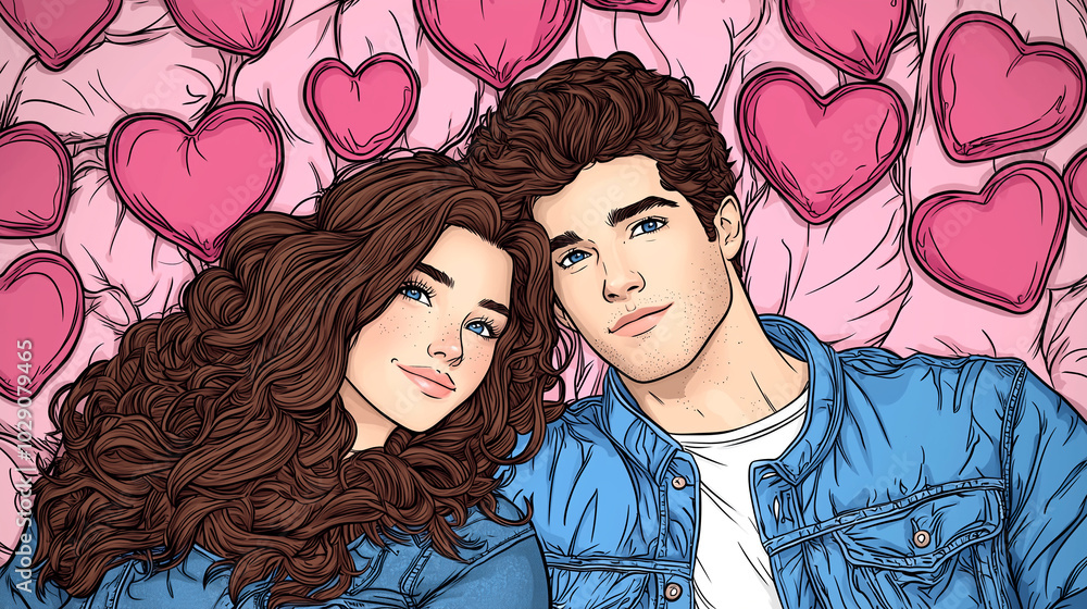 A couple is shown lying on a bed with a large number of hearts surrounding them. Concept of love and affection between the two people A couple is shown lying on a bed with a large number of hearts surrounding them. Concept of love and affection between the two people