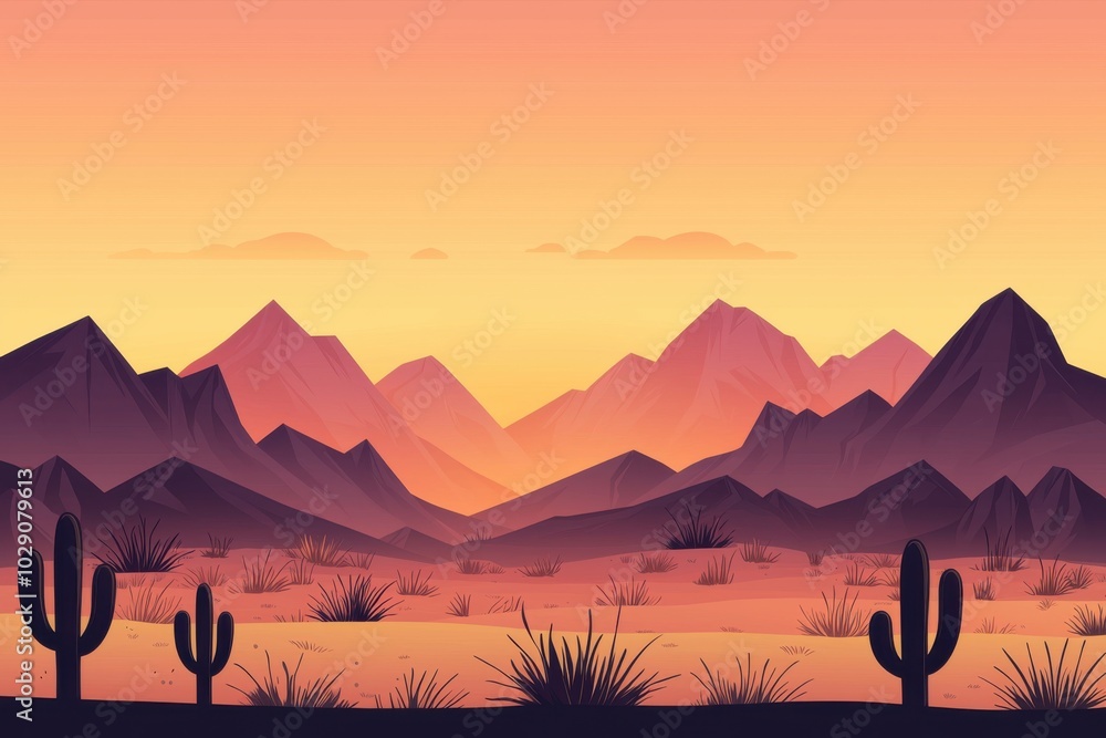 Fototapeta premium A vibrant desert landscape at sunset, featuring mountains, cacti, and a colorful sky. Ideal for backgrounds or nature-themed designs.