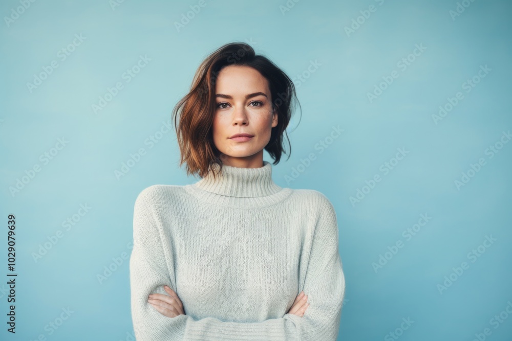 Obraz premium Portrait of a tender woman in her 30s dressed in a warm wool sweater while standing against pastel blue background