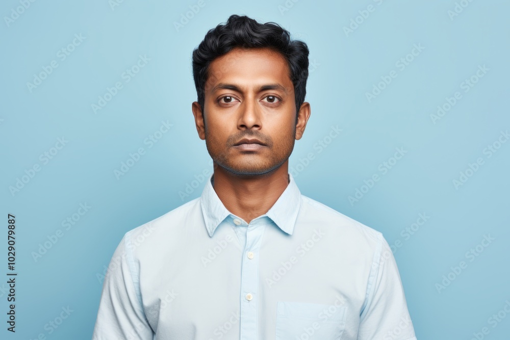Fototapeta premium Portrait of a tender indian man in his 30s wearing a simple cotton shirt in front of pastel blue background