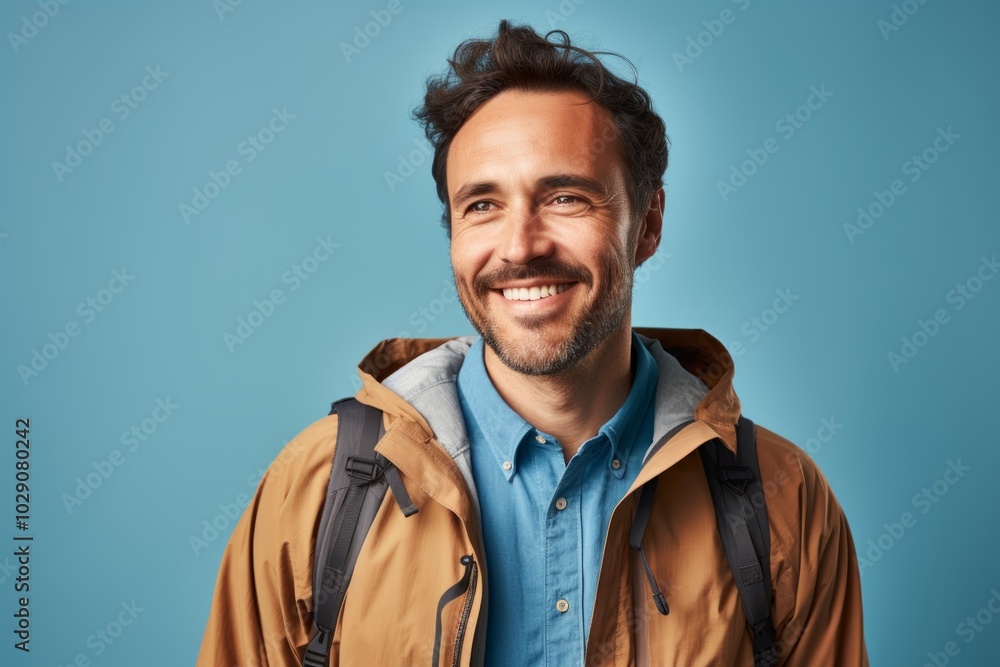 Portrait of a glad man in his 30s sporting a breathable hiking shirt in front of pastel blue background Portrait of a glad man in his 30s sporting a breathable hiking shirt in front of pastel blue background