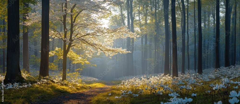 Sun rays shining through a misty forest with a path leading through a field of white wildflowers. Sun rays shining through a misty forest with a path leading through a field of white wildflowers.