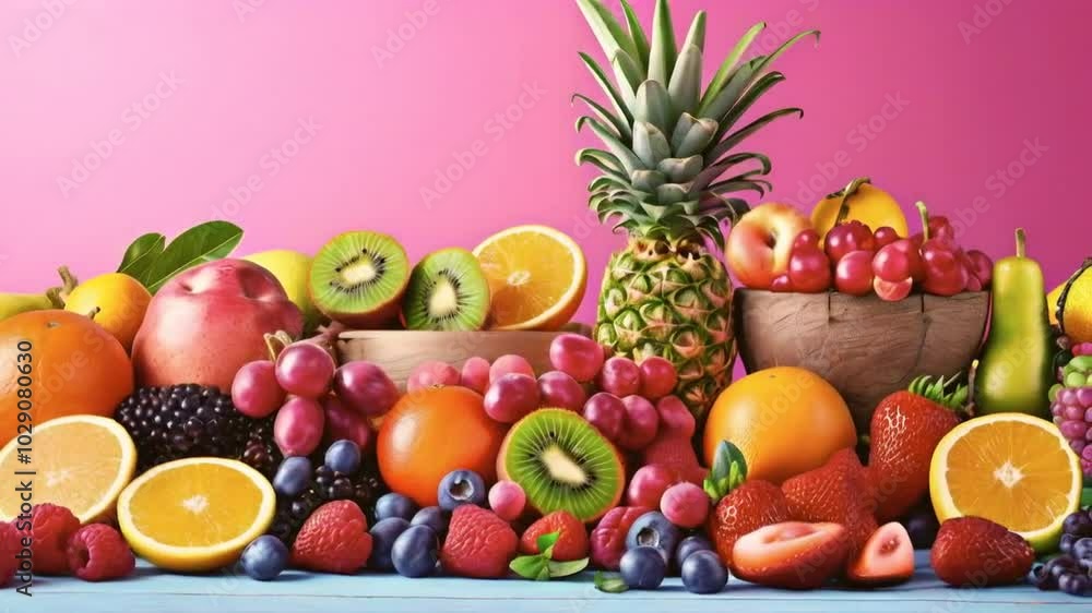 A vibrant arrangement of assorted fruits on a colorful background, showcasing freshness. A vibrant arrangement of assorted fruits on a colorful background, showcasing freshness.