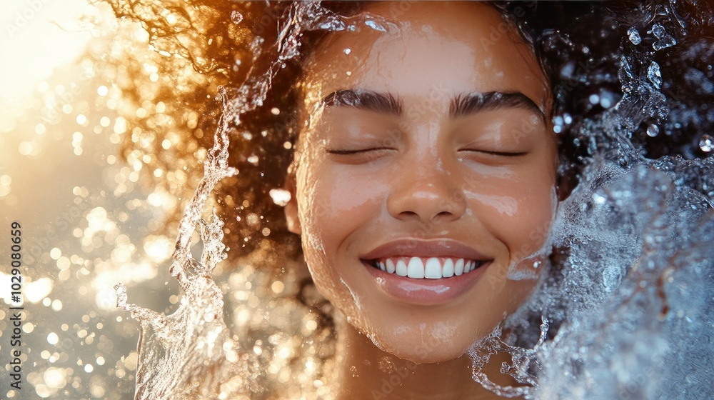 Obraz premium Vibrant image of a model splashing water, showcasing the cleanser cooling and rejuvenating properties
