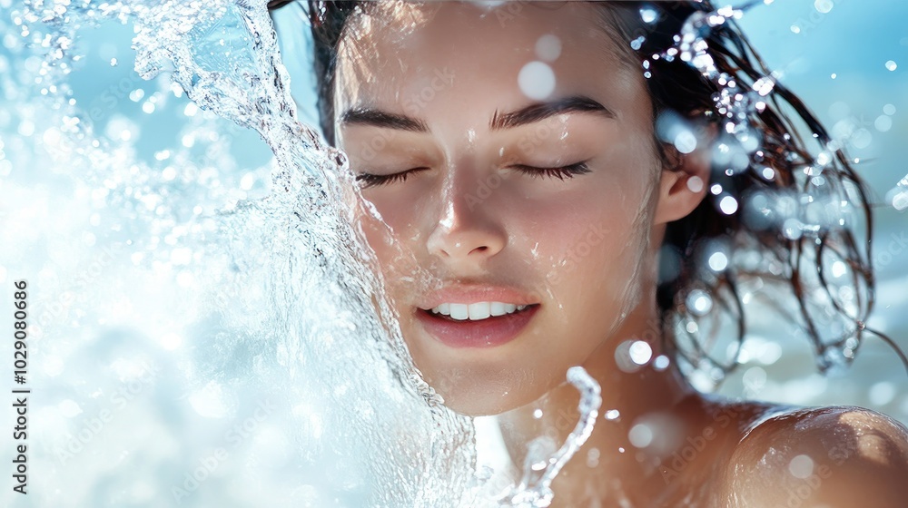 Vibrant image of a model splashing water, showcasing the cleanser cooling and rejuvenating properties Vibrant image of a model splashing water, showcasing the cleanser cooling and rejuvenating properties
