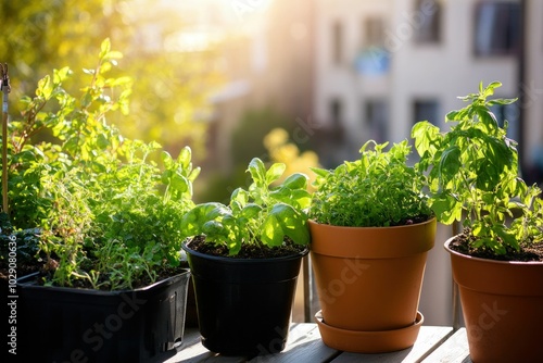 Herb garden on a sunny balcony with greenery in pots, showcasing various herbs like basil and parsley in natural sunlight, creating a fresh and vibrant atmosphere photo