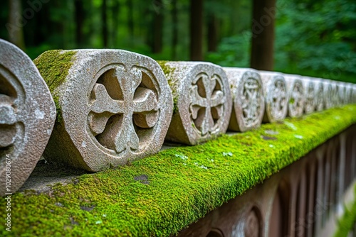 Close-up of the intricate stonework and weathered wood on an ancient chapel, with moss growing between the stones and the wooden door showing signs of age and neglect photo