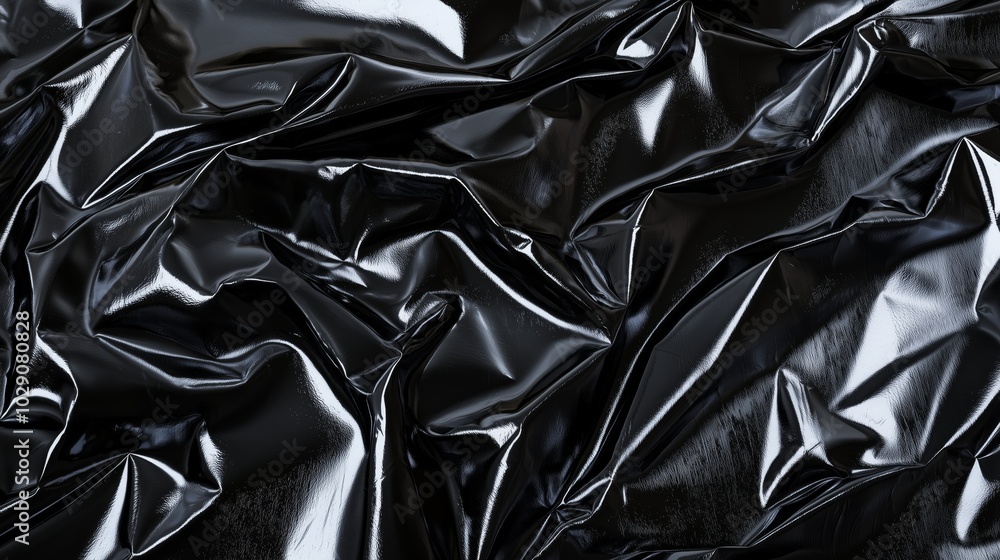 Close-Up of Black Glossy Crinkled Surface, Featuring Dynamic Folds and Creases in Plastic Material, Highlighted by Lighting to Emphasize Ridges and Valleys Close-Up of Black Glossy Crinkled Surface, Featuring Dynamic Folds and Creases in Plastic Material, Highlighted by Lighting to Emphasize Ridges and Valleys