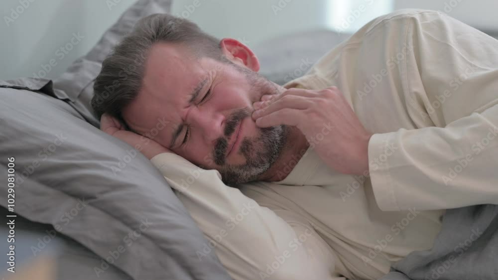 Middle Aged Man with Toothache Lying on Side in Bed Middle Aged Man with Toothache Lying on Side in Bed