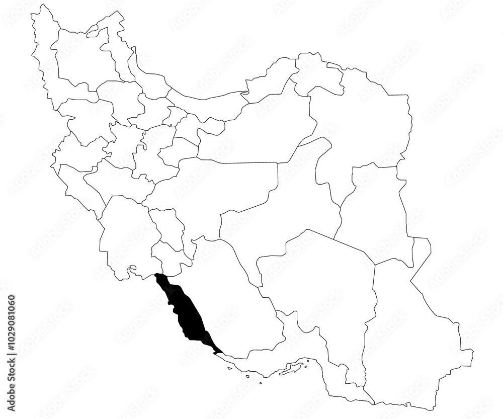 Map of bushehr province in Iran country on white background. Single province map highlighted by black colour on Iran map. Middle East, ir Map of bushehr province in Iran country on white background. Single province map highlighted by black colour on Iran map. Middle East, ir