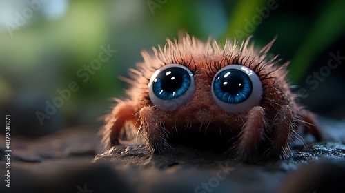 A cute, furry, pink spider with big blue eyes looks up at the camera.