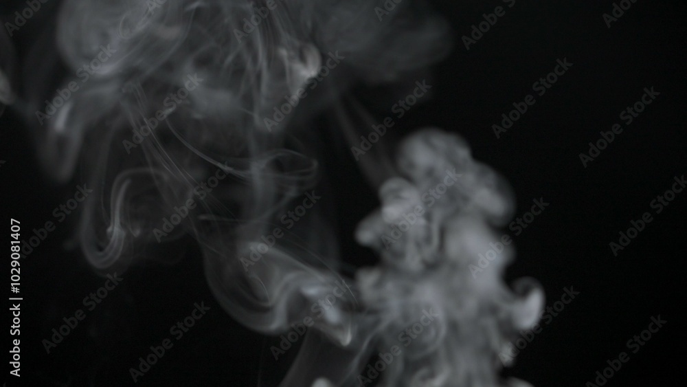 Close-up of white smoke clouds against a black background. Contrast of brightly lit smoke and dark room. Cinematographic light. Close-up of white smoke clouds against a black background. Contrast of brightly lit smoke and dark room. Cinematographic light.