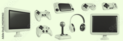 Set video game devices in modern stylised halftone style. Fashion pop art design elements. Collection retro vector illustration.