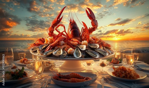 Seafood dinner on beach at sunset. photo