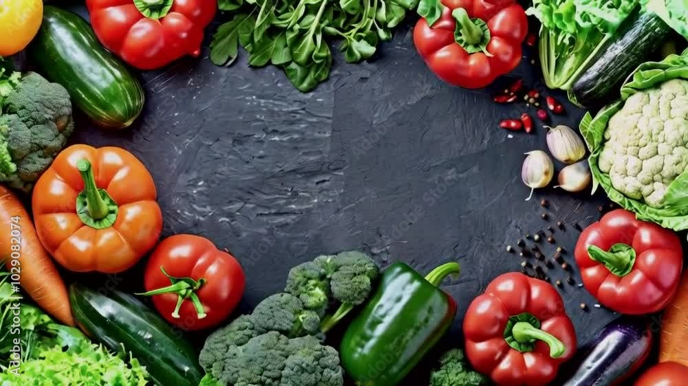 A vibrant arrangement of fresh vegetables on a dark surface, ideal for healthy cooking. A vibrant arrangement of fresh vegetables on a dark surface, ideal for healthy cooking.